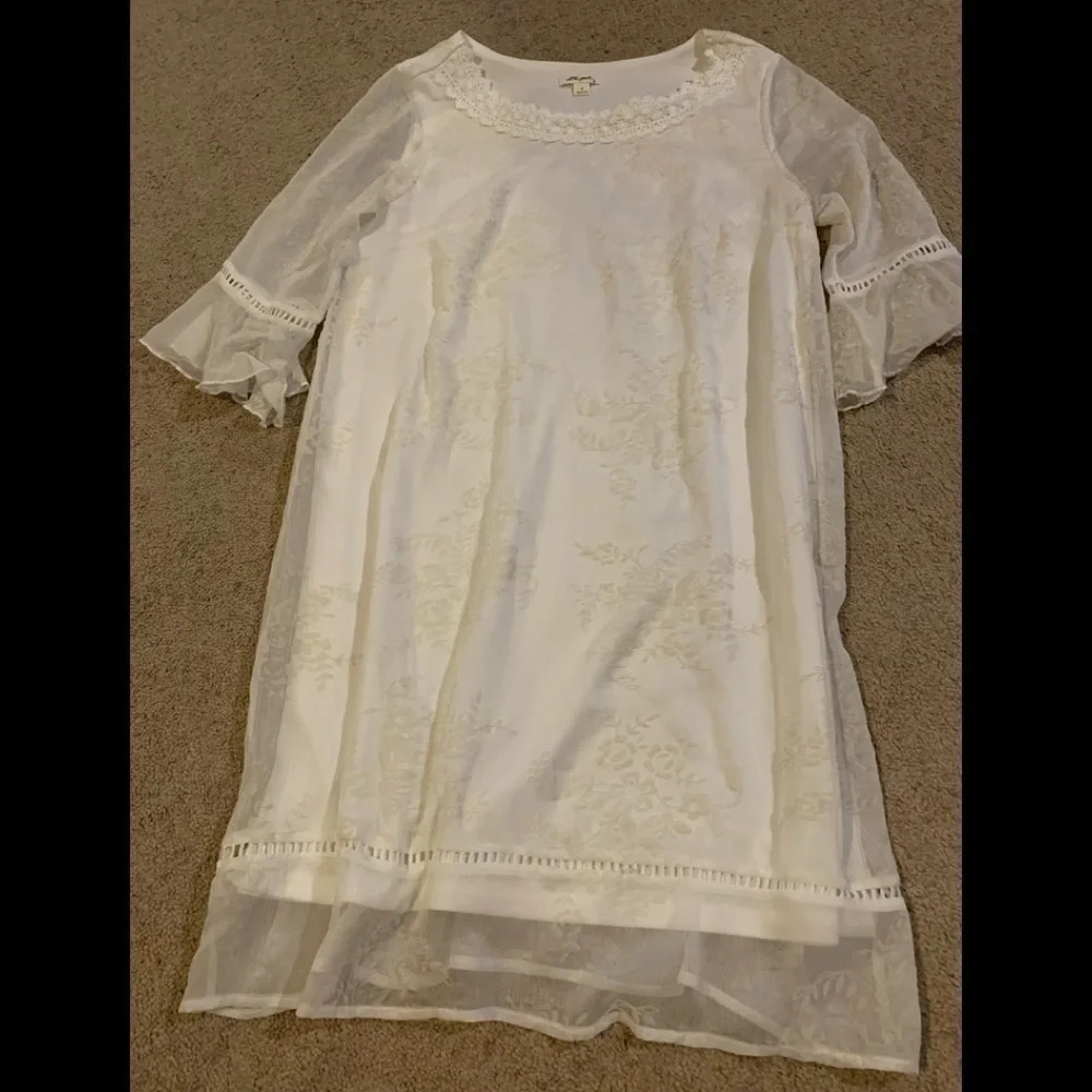 Ultra Pink Ruffle Sleeve Sheer Lined Midi White Dress